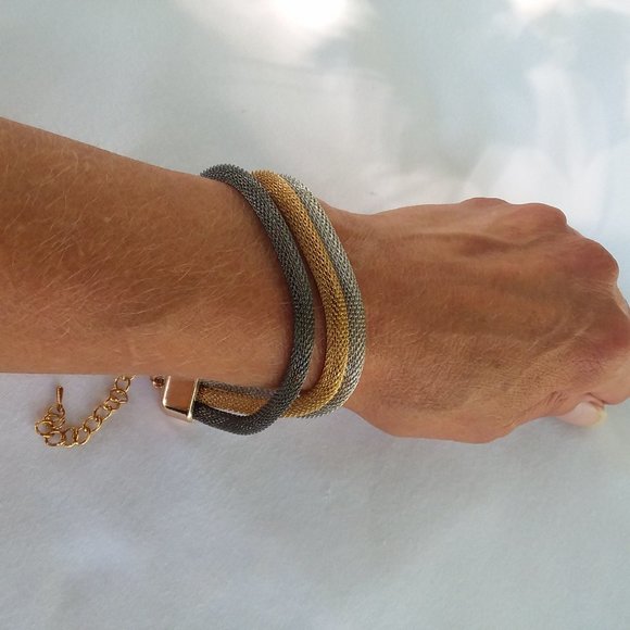 Bracelet 3 Strand/Color Coil Spring Gold Silver Gun Metal/Black 7.5" 7 1/2" - Picture 8 of 11